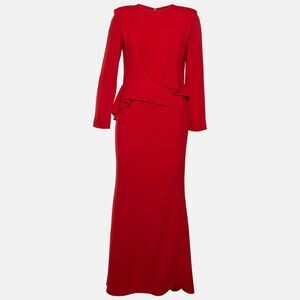Elie Saab Red Crepe Ruffle Detail Maxi Dress M